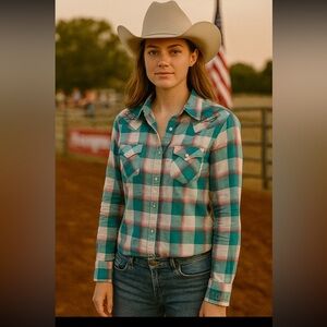 Wrangler Women’s‎ AQHA Pearl Snap Western Shirt Plaid Rodeo Style Size M